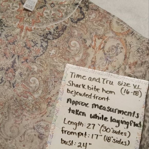 5 for $10 Time and Tru Multiprint Bejeweled 3/4 Sleeve Sharkbite Hem Top XL - Picture 6 of 6